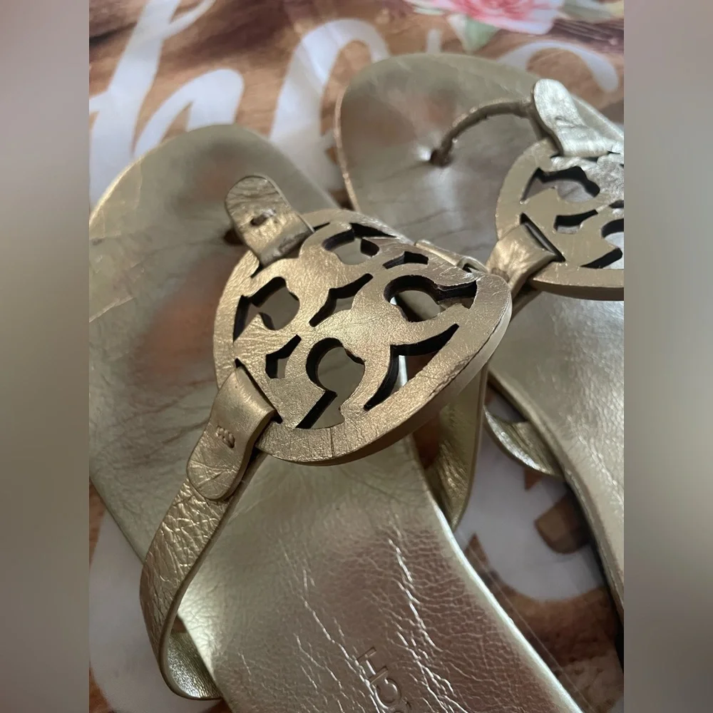 Tory Burch Gold Miller Sandals with Signature Medallion